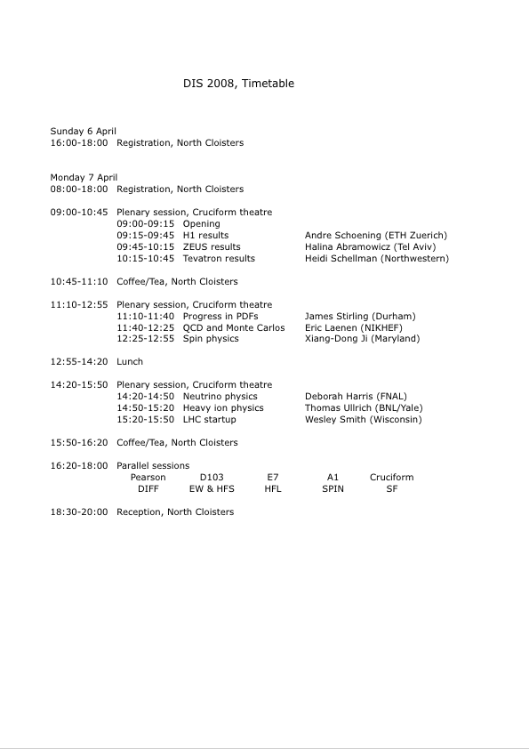 DIS 2008 timetable